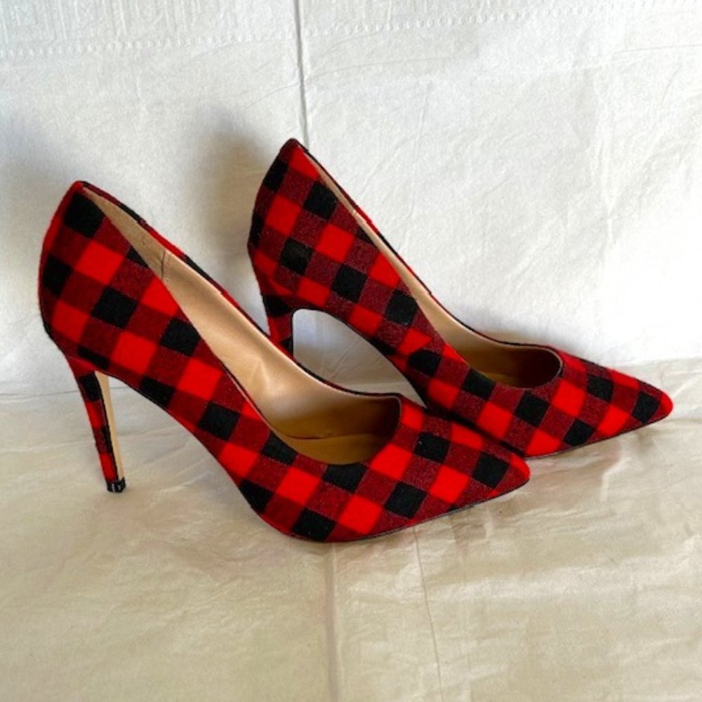 Red Plaid MIX NO. 6 Heels, Size 8 - 4in Heels - Fabric - Red/Black - Pointed Toe